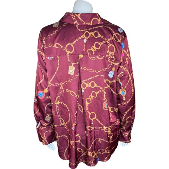 Susan Graver Regular Printed Charmeuse Button-Front Tunic Dark Cranberry Small - Picture 7 of 12